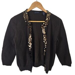 Context Womens Brown Merino Wool Sequin Trim Open Front‎ Cardigan Shrug M Y2K